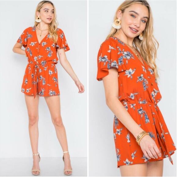 Hummingbird Women's Rust Burnt Orange Floral Romper Size Large - Picture 1 of 13